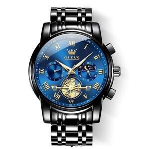 OLEVS Men's Mechanical Wrist Watch with Blue Dial and Black Metal Band